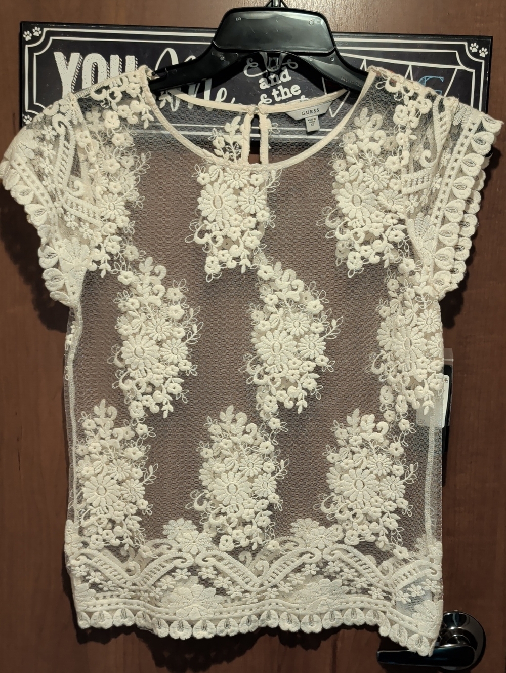 Guess Cream Floral Lace Short Sleeve Blouse XS